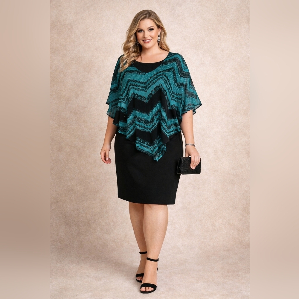 #66 En Focus Studio Black & Teal Chiffon Overlay Dress Plus Size 16W